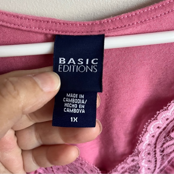 3/$40 Basic Edition 1Xl Pink Tank Top with Lace Detailing - Picture 3 of 6